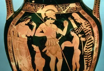 Attische rotfigurige Vase mit der Darstellung eines Soldaten bei einem Weissagungsritual vor dem Kampf, 490-480 v. Chr.